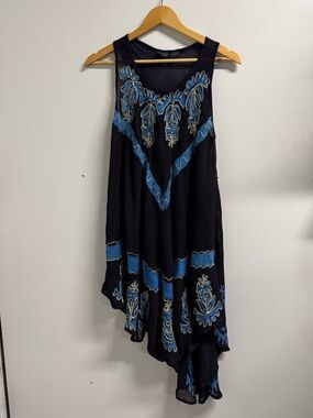 Vintage 90s Pagoda Black & Blue Embroidered Sleeveless Hankerchief Dress
